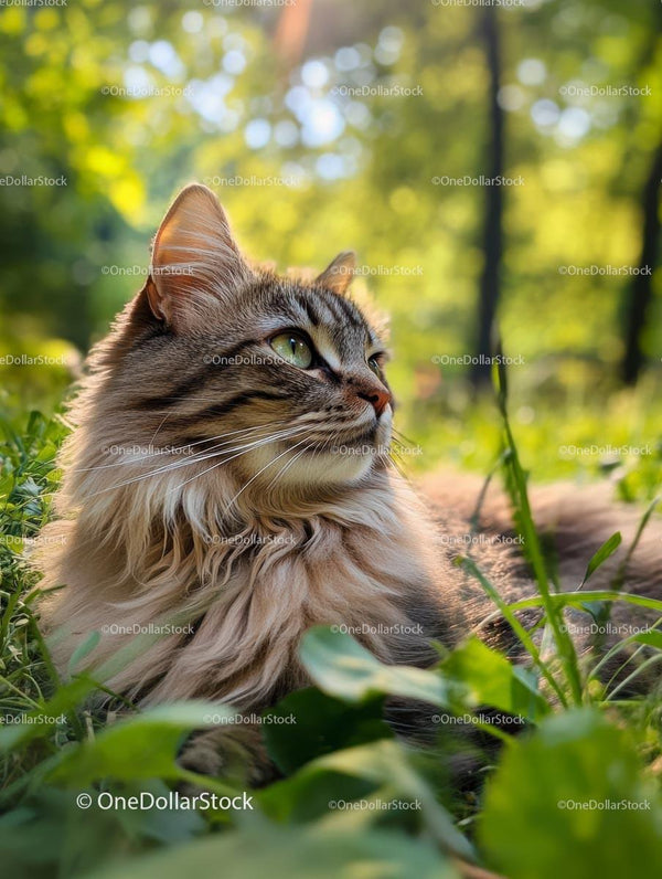 Tabby Cat Lounging in Sunlit Greenery