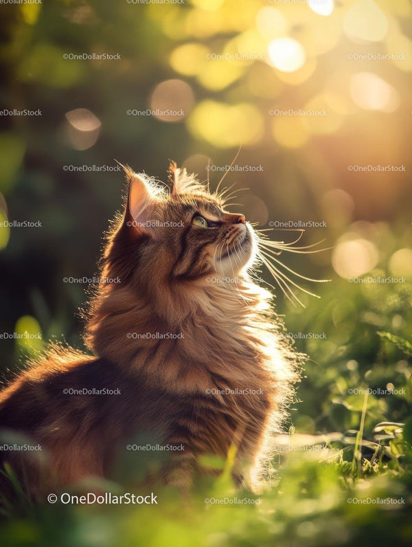 Fluffy Cat Basking in Sunlight on Green Grass
