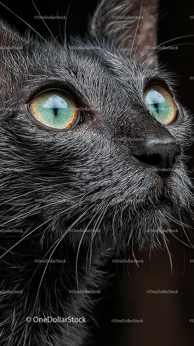 Close-up Portrait of a Black Cat with Striking Green Eyes