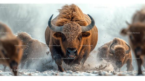 Majestic Bison Herd Charging Through Snowy Wilderness