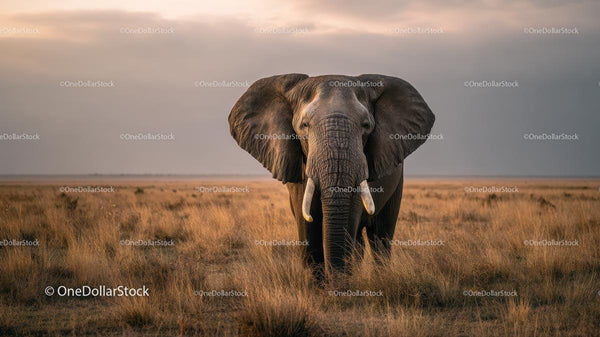Majestic Elephant Standing in African Savannah at Sunset