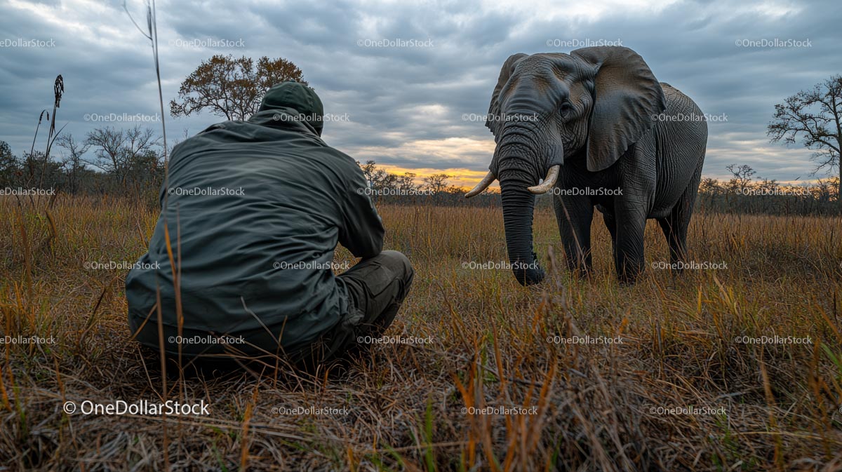 Adventurer Photographing Elephant in Serene Grassland