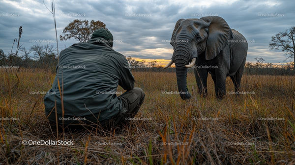 Adventurer Photographing Elephant in Serene Grassland
