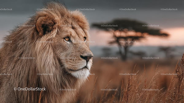 Majestic Lion in the African Savannah at Sunrise