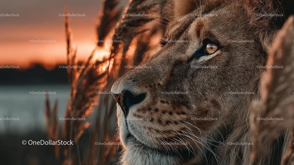 Majestic Lion Gazing at Sunset in the Wilderness
