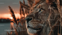 Majestic Lion Gazing at Sunset in Serene African Landscape