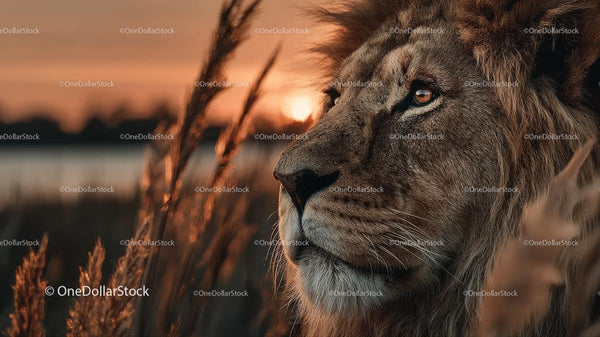 Majestic Lion at Sunset in Golden Wheat Field