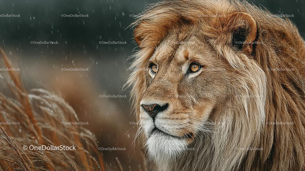 Majestic Lion with Wet Mane in African Savannah