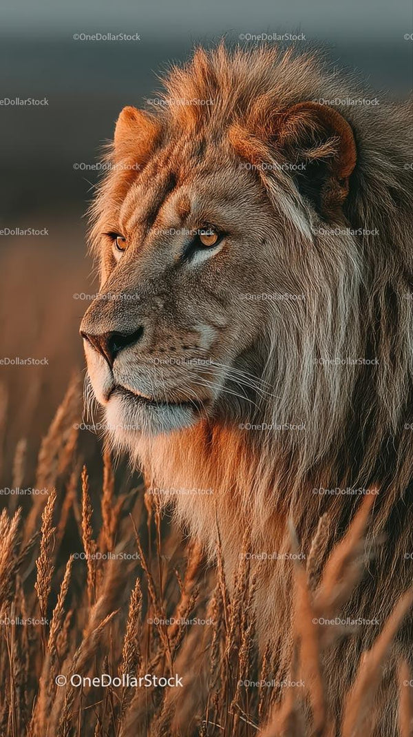 Majestic Lion at Golden Hour in African Savannah
