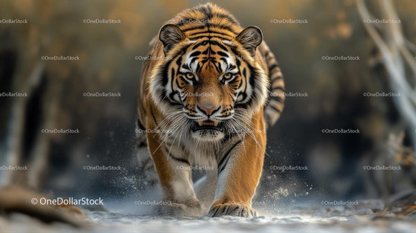 Majestic Bengal Tiger Striding Through Snowy Terrain