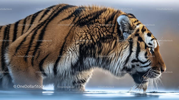 Majestic Siberian Tiger Drinking in Natural Habitat
