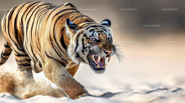 Fierce Bengal Tiger in Motion on Sandy Terrain
