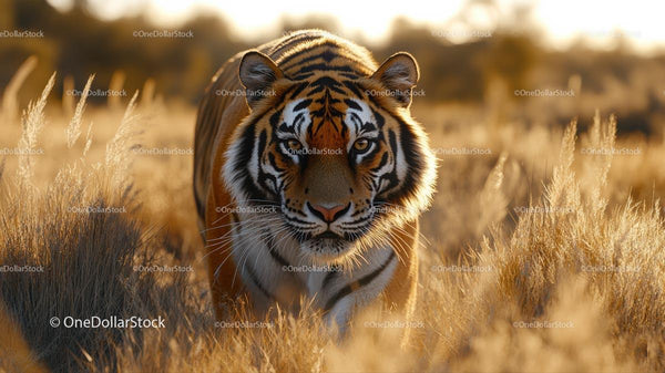 Majestic Tiger Prowling Through Golden Grassland