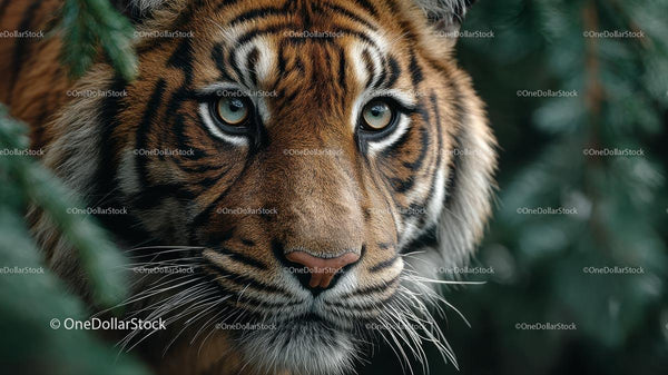 Majestic Tiger Staring Through Jungle Foliage