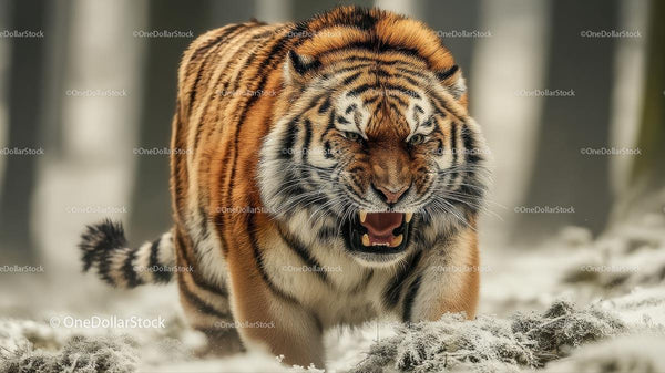 Majestic Tiger Roaring in Snow-Covered Forest