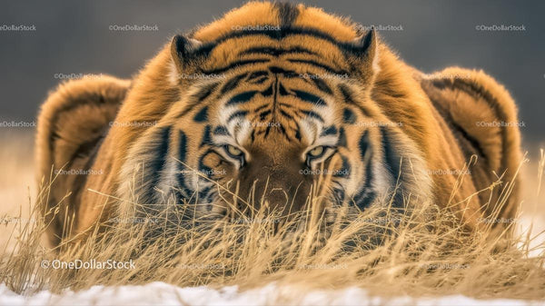 Fierce Bengal Tiger Stalking Through Grass