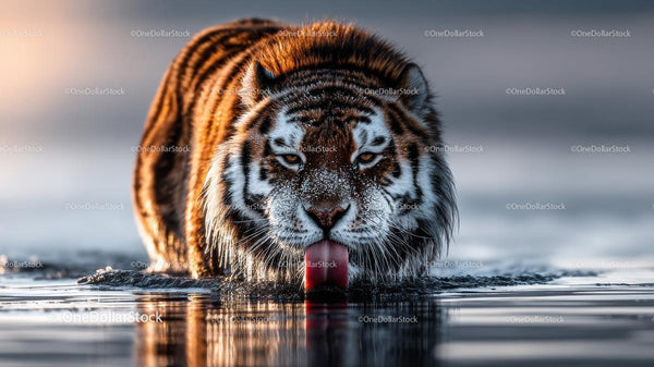 Siberian Tiger Drinking from a Pristine Water Source