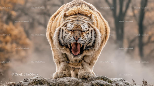 Roaring Siberian Tiger in Misty Winter Forest