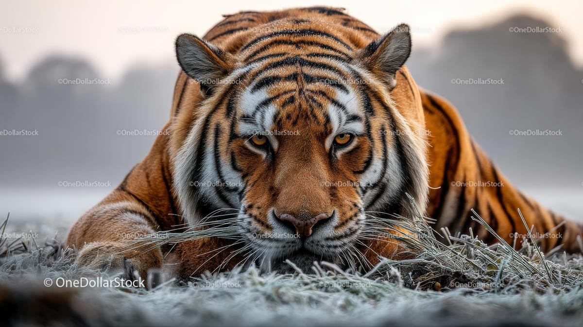 Majestatyczny tygrys bengalski na mroźnej trawiastej równinie