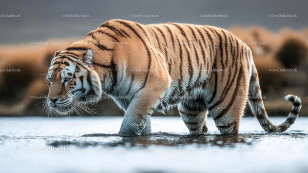 Majestic Bengal Tiger Strolling Through Shallow Water