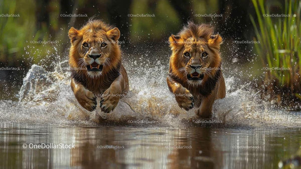 Two Majestic Lions Charging Through Water