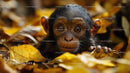 Baby Chimpanzee Peeking from Autumn Leaves