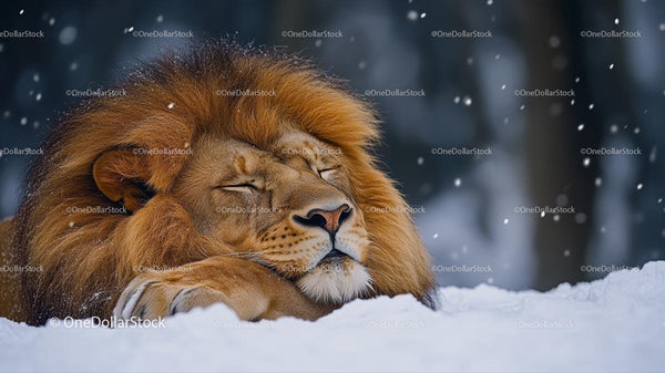 Sleeping Lion on Snowy Winter Day