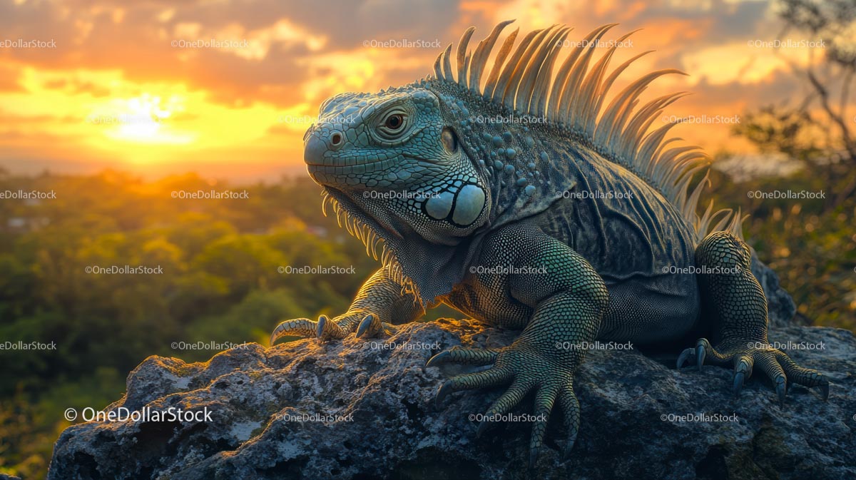 Majestatyczna Iguana na Skale o Żywym Tropikalnym Zachodzie Słońca