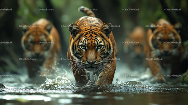 Majestic Tigers Stalking Through Jungle Waters
