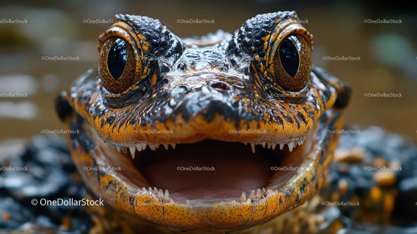 Close-Up of a Caiman with Open Mouth Showing Teeth