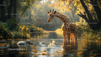 Giraffe Wading in Sunlit Forest River
