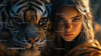 Fierce Connection Between Young Woman and Tiger