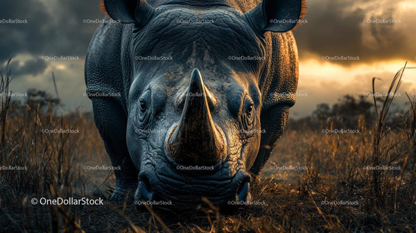 Majestic Rhinoceros in Golden Savannah Sunset