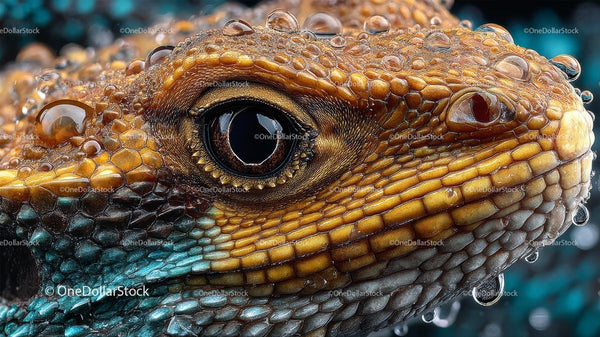 Vibrant Close-Up of a Colorful Lizard with Water Droplets