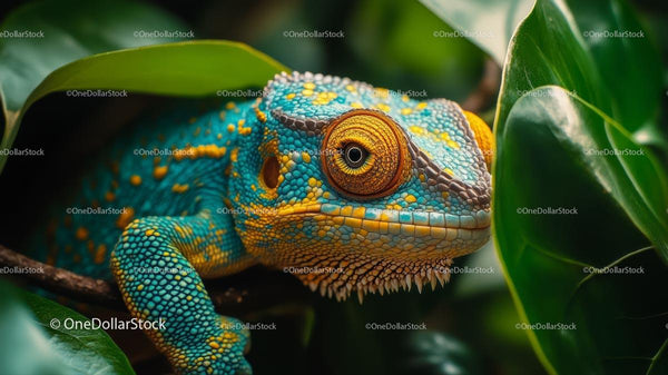 Vibrant Chameleon Among Lush Green Leaves in Jungle