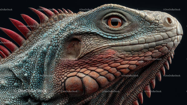 Close-Up of a Vibrant Iguana Head with Colorful Scales