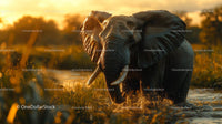 Majestic Elephant Splashing Through Serengeti Sunset