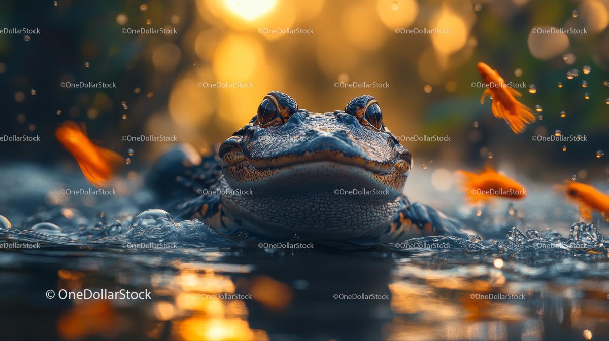 Aligator pływający w spokojnych wodach o zachodzie słońca