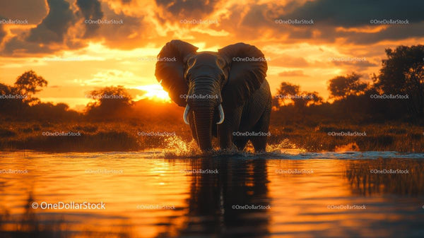 Elephant Silhouette in Golden Sunset on African Savanna