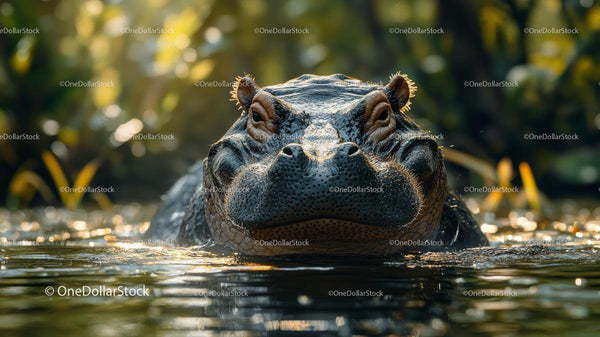 Hippopotamus Emerging from Water at Golden Hour