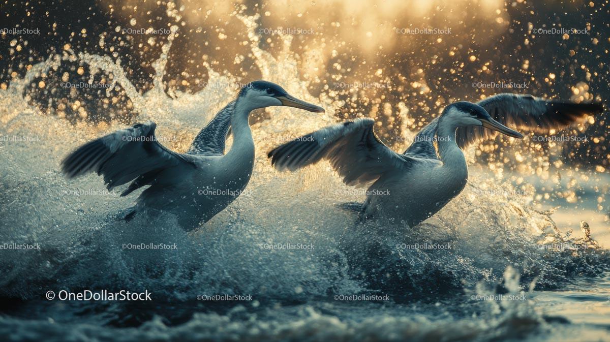Two Herons Splashing Gracefully at Sunset