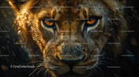 Close-Up of a Majestic Lion in Rainy Wilderness