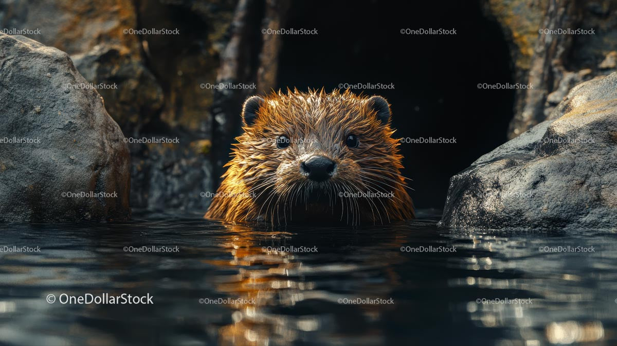 Curious Beaver Emerging from a Rocky Cave