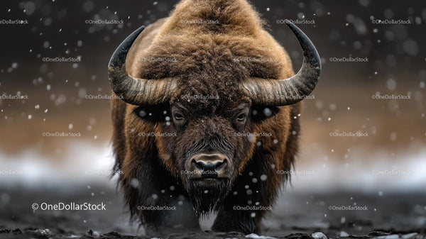 Bison in Snowy Landscape with Majestic Horns