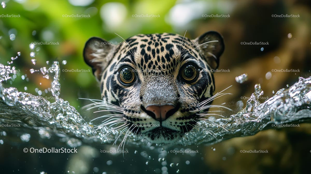 Jaguar wyłaniający się z wody z intensywnym spojrzeniem