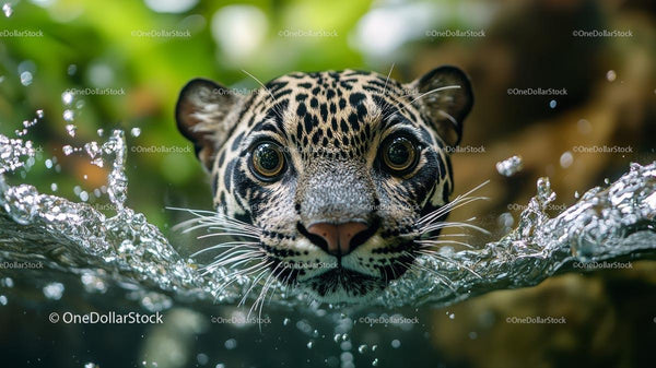 Jaguar Emerging from Water with Intense Gaze