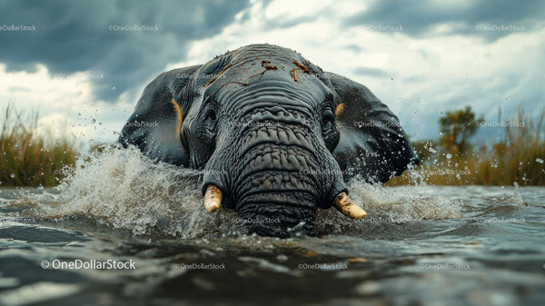 Majestic Elephant Charging Through Water Splash
