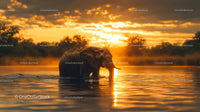 Majestic Elephant in Golden Sunset at Water's Edge