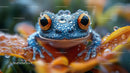 Colorful Frog Resting on Orange Flower with Raindrops