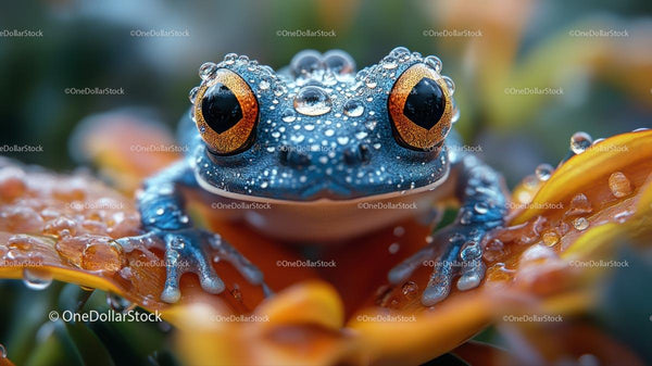 Colorful Frog Resting on Orange Flower with Raindrops